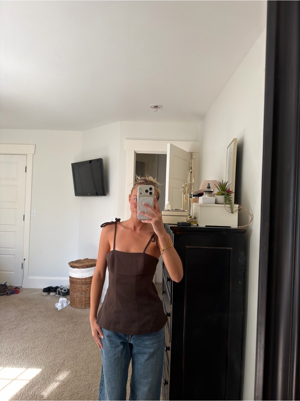 Women's Brown Tie-Strap Square Neck Top